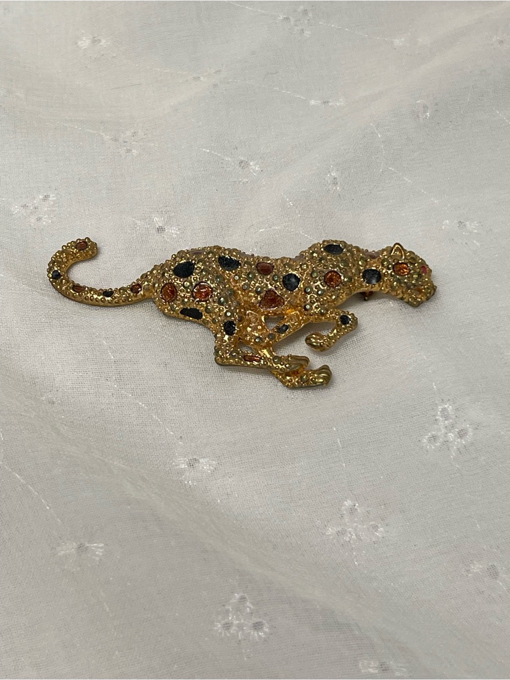 Vintage Gold-tone Leopard Brooch with Multicolor Enameled Spots